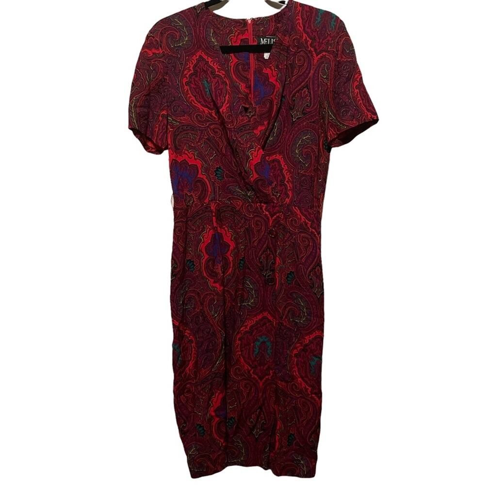Vintage Melissa Petites Red Paisley Midi A-Line Dress Size 10 Short Sleeve USA